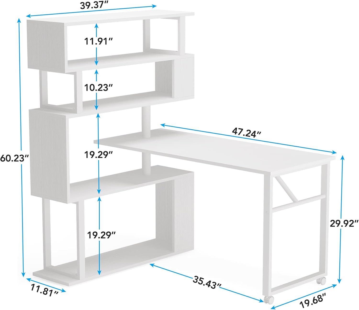 Rotating Computer Desk with 5 Shelves Bookshelf, Modern L-Shaped Corner Desk with Storage 39.37"D x 47.24"W x 60.23"H