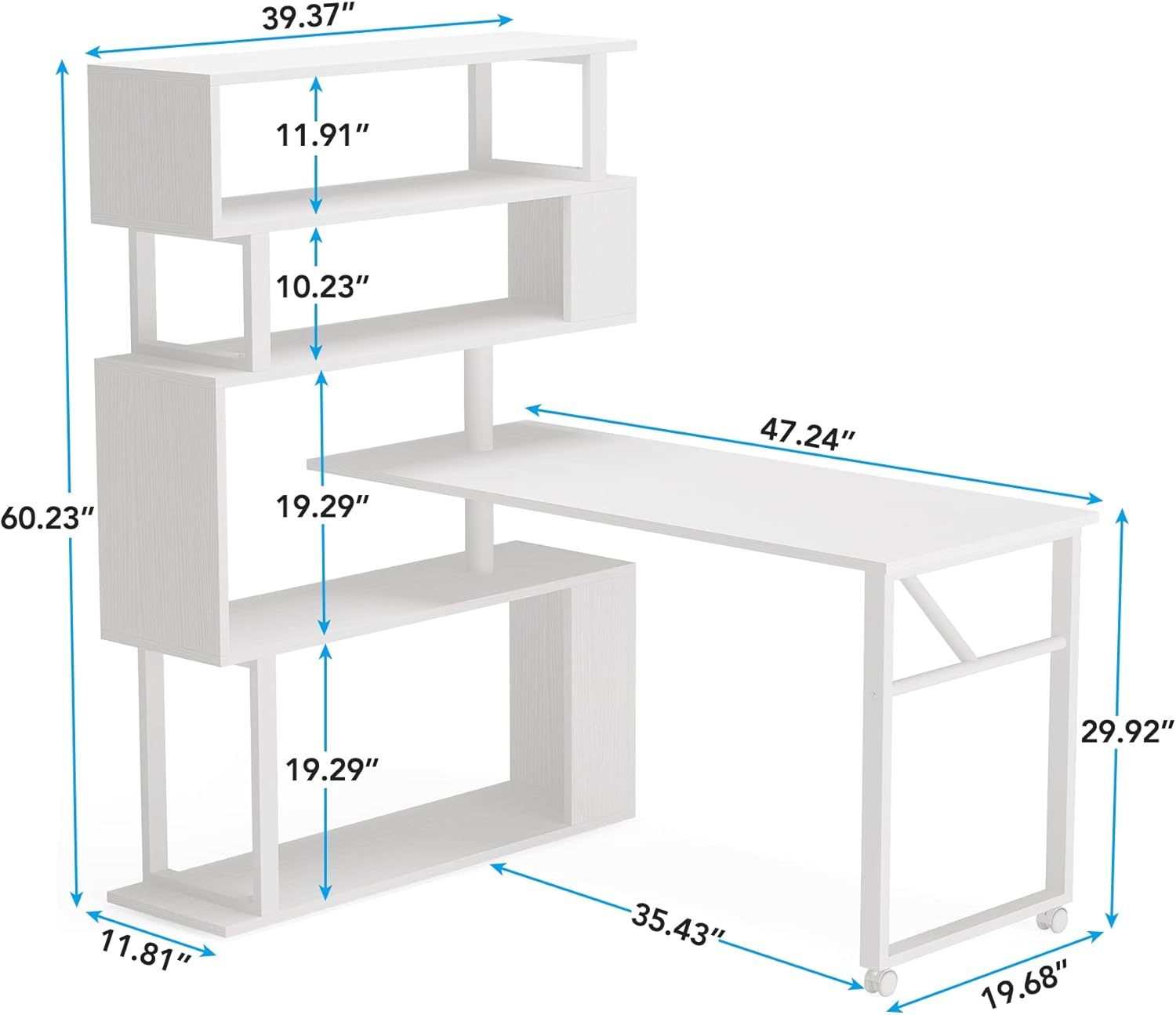 Rotating Computer Desk with 5 Shelves Bookshelf, Modern L-Shaped Corner Desk with Storage 39.37"D x 47.24"W x 60.23"H