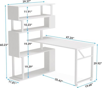 Rotating Computer Desk with 5 Shelves Bookshelf, Modern L-Shaped Corner Desk with Storage 39.37"D x 47.24"W x 60.23"H