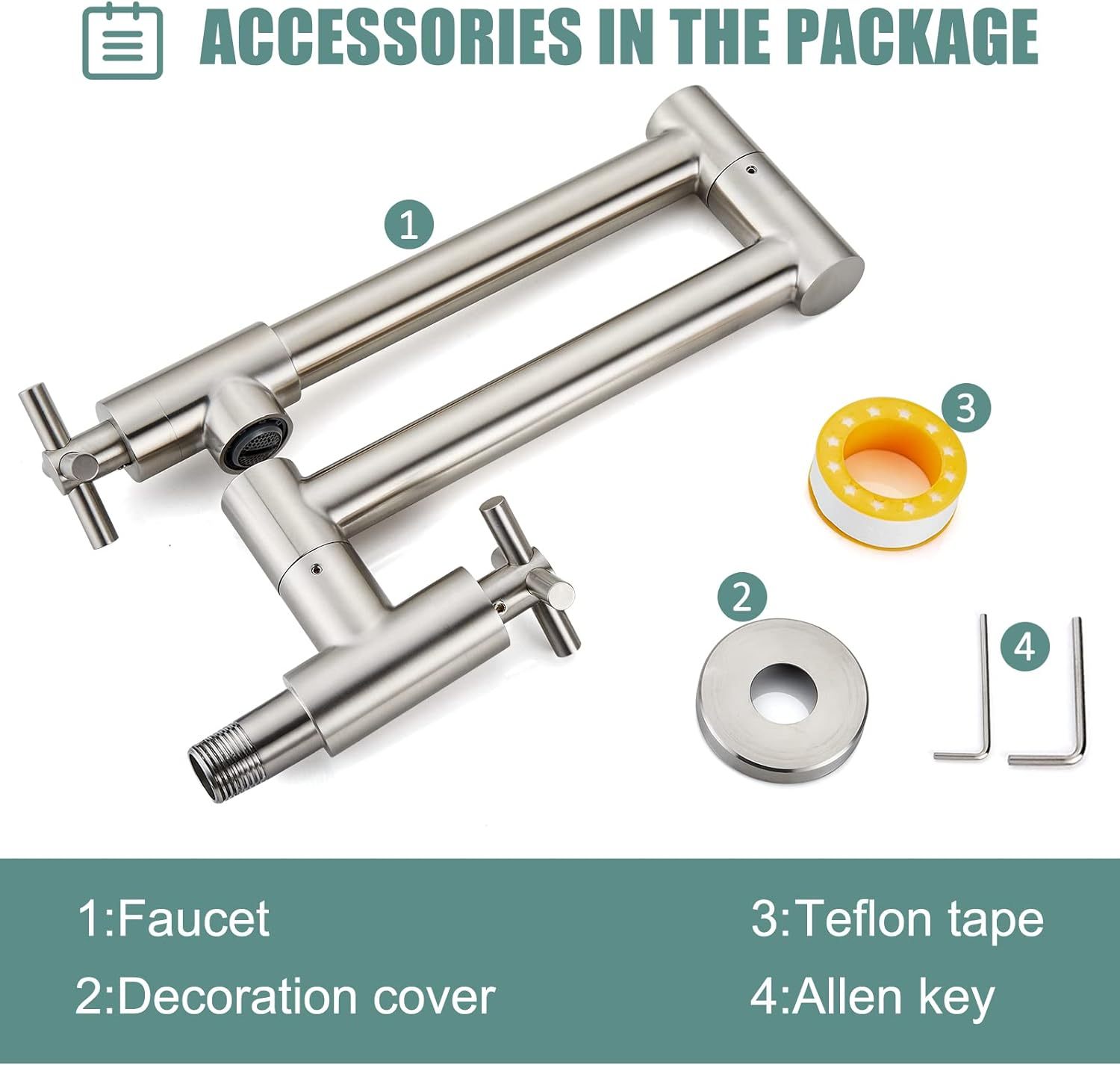 Pot Filler Kitchen Faucet Stainless Steel SUS304 Two Cross Handle Single Hole 19" Spout Wall Mounted Stretchable Swing Arm Brushed Nickel Commercial Kitchen Faucet Control Water