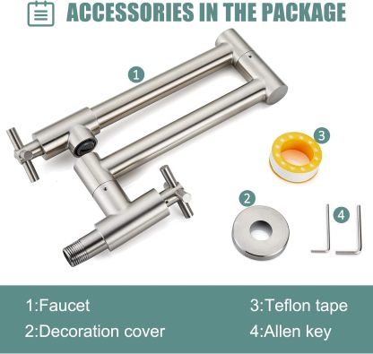 Pot Filler Kitchen Faucet Stainless Steel SUS304 Two Cross Handle Single Hole 19" Spout Wall Mounted Stretchable Swing Arm Brushed Nickel Commercial Kitchen Faucet Control Water