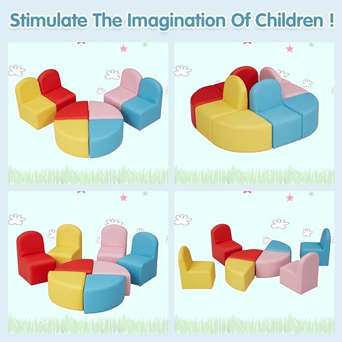 Kids Sofa Seating Set Convert to Table and 4 Chairs Colorful Stools