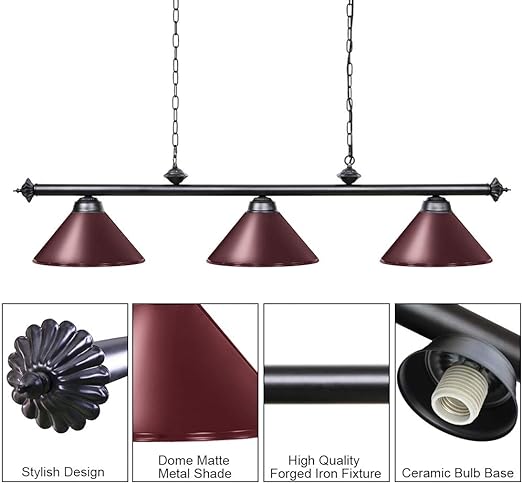 Pool Table Lights for 8'/9' Table with 3 Metal Shades, Billiard Lamp for Man Cave, Game Room, Kitchen Island Light for Restaurant Or Dining Room (Burgundy, 59 inch-3 Lights)