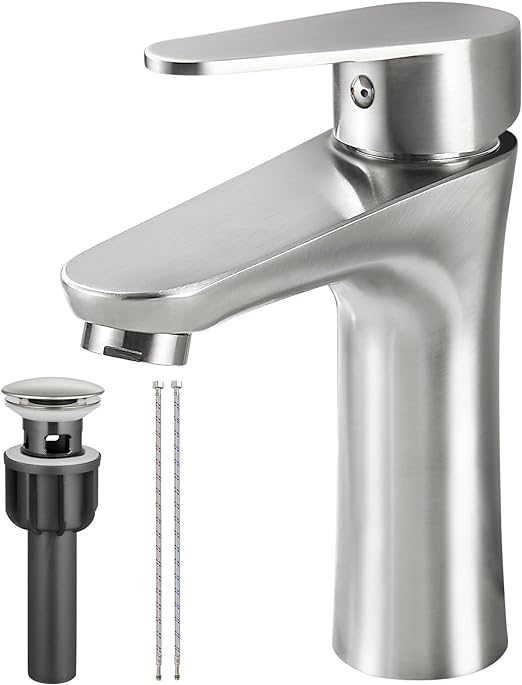 Brushed Nickel Bathroom Faucet Single Handle 1 Hole SUS304 Stainless Steel Deck Mount Lavatory Single Switch Basin Sink Hot and Cold Water Mixer Tap with Pop Up Drain