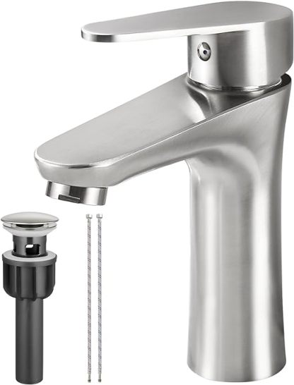 Brushed Nickel Bathroom Faucet Single Handle 1 Hole SUS304 Stainless Steel Deck Mount Lavatory Single Switch Basin Sink Hot and Cold Water Mixer Tap with Pop Up Drain