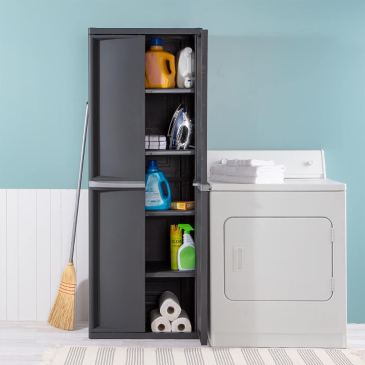 4 Shelf Cabinet, Heavy Duty and Easy to Assemble Plastic Storage Unit, Organize Bins in the Garage, Basement, Attic, Mudroom, Gray, 1-Pack