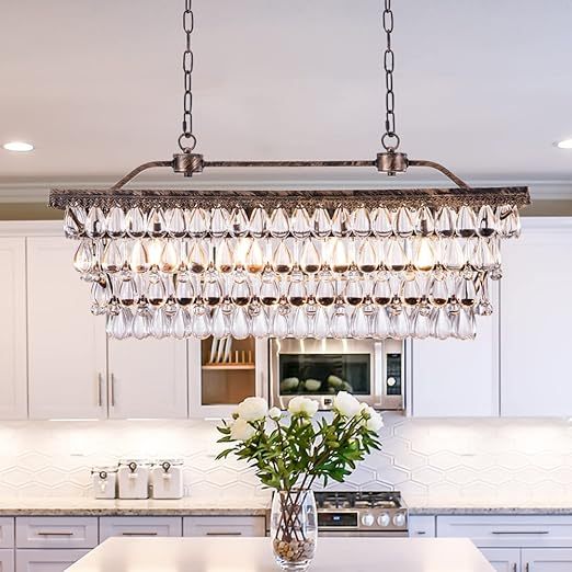 Dining Room Crystal Chandelier,30 inch Antique Bronze Rectangle Crystal Ceiling Light,4 Lights Farmhouse Kitchen Island Lighting