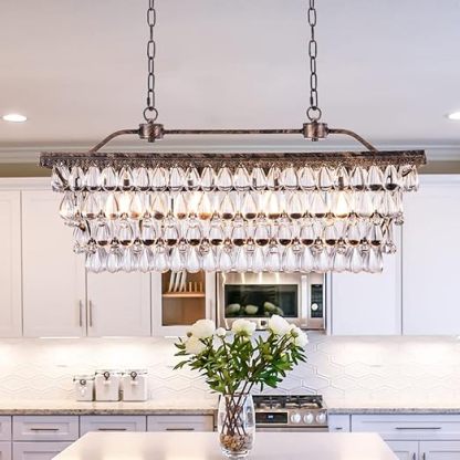 Dining Room Crystal Chandelier,30 inch Antique Bronze Rectangle Crystal Ceiling Light,4 Lights Farmhouse Kitchen Island Lighting