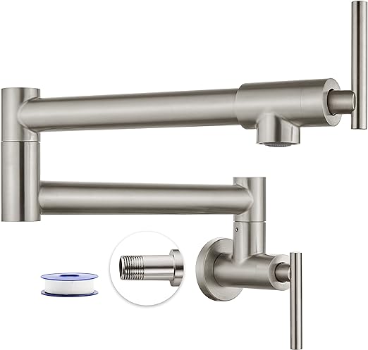 Pot Filler Faucet Wall Mounted Stainless Steel 19 Inch 304 Brushed Nickel Double Joint Swing Folding Arms with Two Handles Single Hole Commercial Kitchen Faucet Control Water