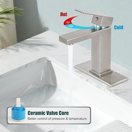 Brushed Nickel SUS304 Stainless Steel Bathroom Faucet Single Handle 1 Hole Basin Mixer Tap Deck Mount Vessel Sink Faucets Lavatory Vanity Bathroom Faucets for Sink 1 Hole（Drain Not Included）