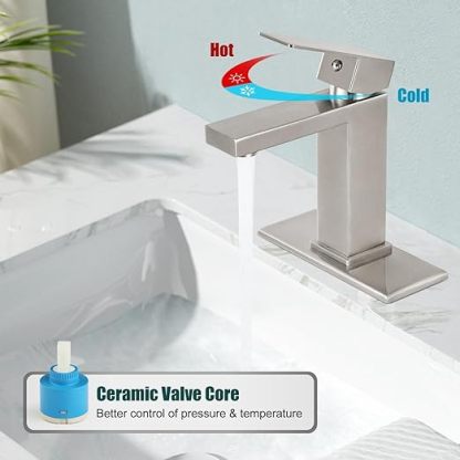 Brushed Nickel SUS304 Stainless Steel Bathroom Faucet Single Handle 1 Hole Basin Mixer Tap Deck Mount Vessel Sink Faucets Lavatory Vanity Bathroom Faucets for Sink 1 Hole（Drain Not Included）