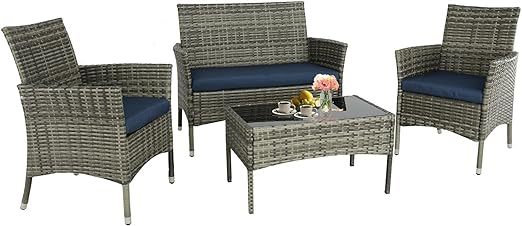 4 Pieces Patio Furniture Sets Outdoor Furniture PE Wicker Patio Set Patio Conversation Set Balcony Furniture with Cushions and Table for Yard,Pool or Backyard (Grey-Blue)