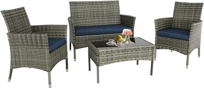 4 Pieces Patio Furniture Sets Outdoor Furniture PE Wicker Patio Set Patio Conversation Set Balcony Furniture with Cushions and Table for Yard,Pool or Backyard (Grey-Blue)