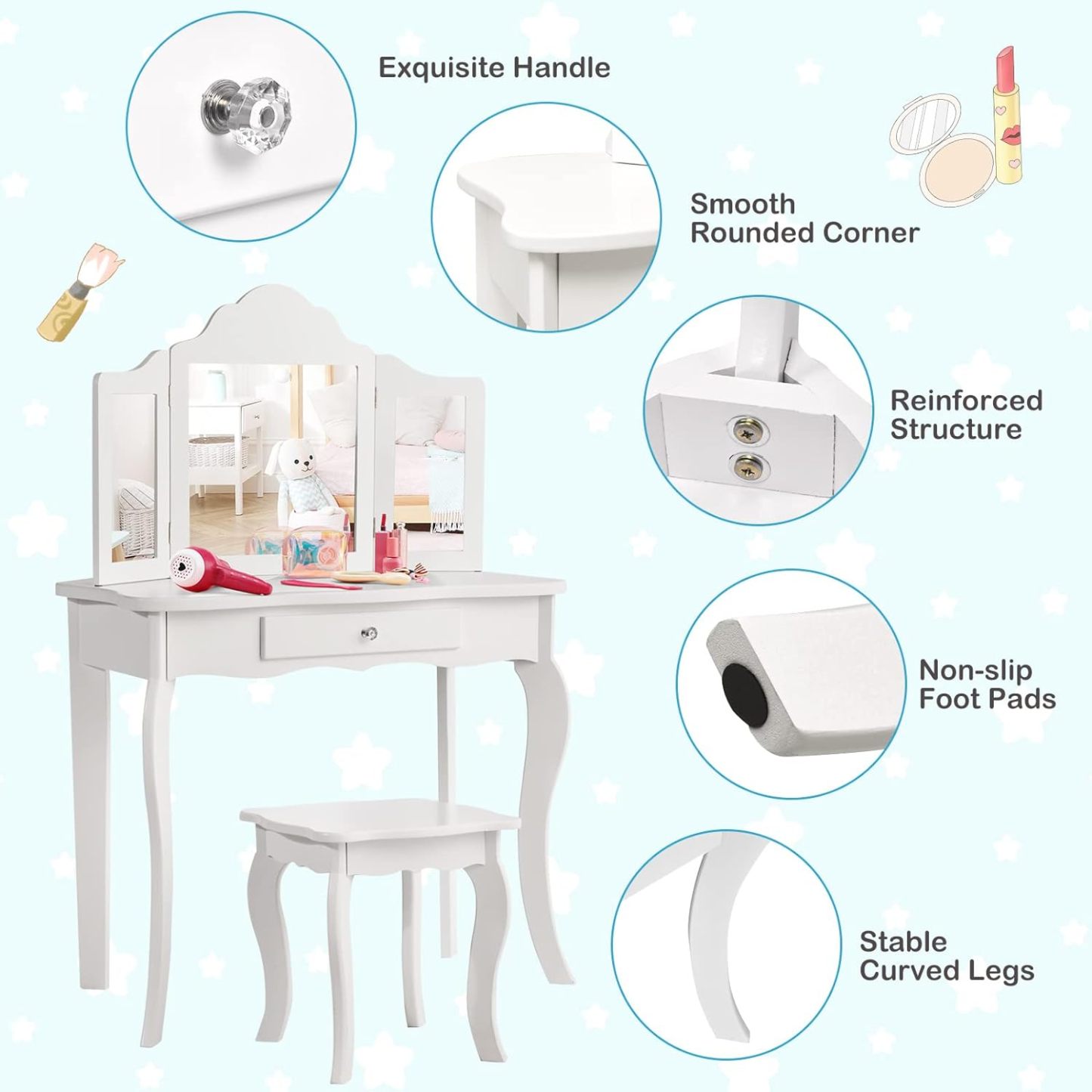 Kids Vanity Set with Mirror, 2-in-1 Wooden Toddler Vanity Table with Stool