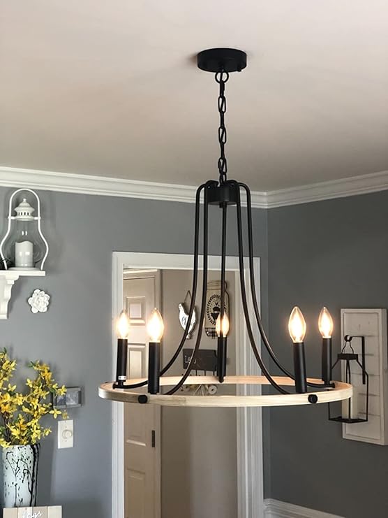 Rustic Foyer Chandeliers, 5 Lights Modern Farmhouse Candle Wagon Wheel Chandelier, 23.6" Round Hanging Ceiling Pendant Lighting
