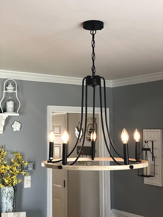 Rustic Foyer Chandeliers, 5 Lights Modern Farmhouse Candle Wagon Wheel Chandelier, 23.6" Round Hanging Ceiling Pendant Lighting