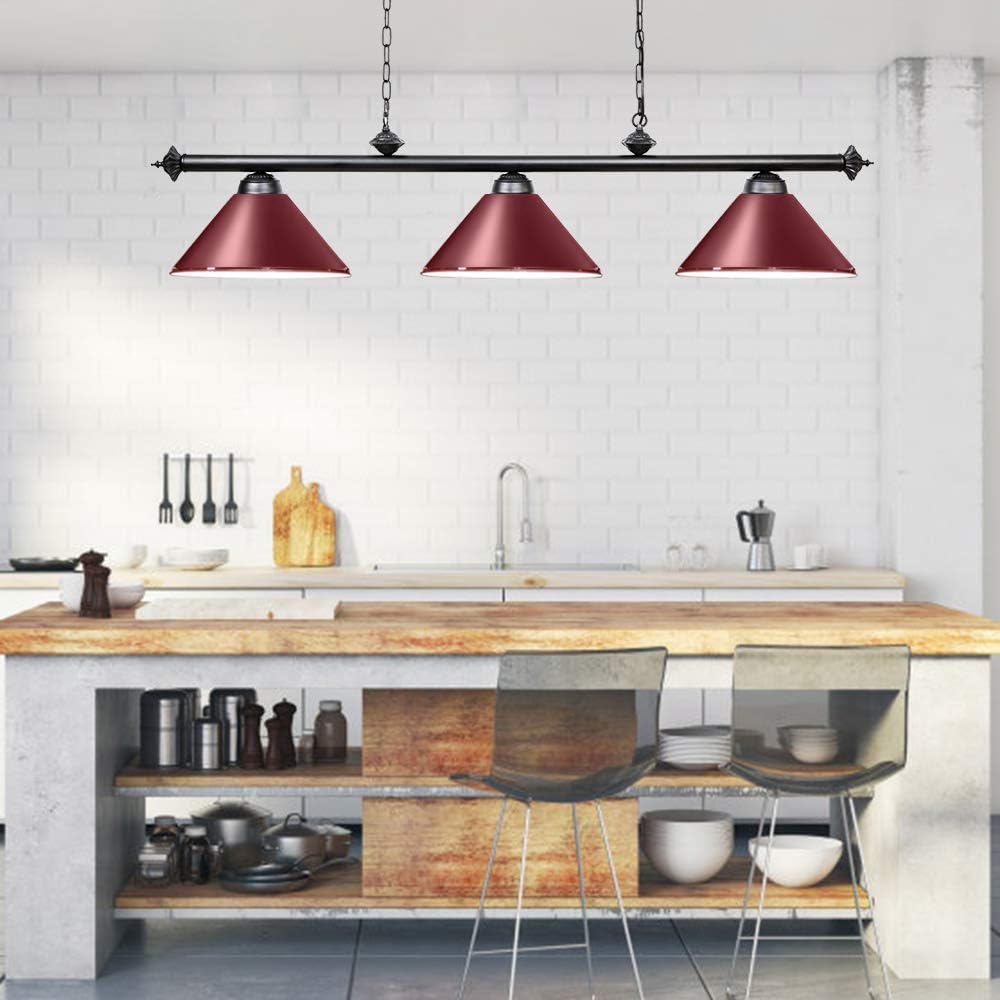 Pool Table Lights for 8'/9' Table with 3 Metal Shades, Billiard Lamp for Man Cave, Game Room, Kitchen Island Light for Restaurant Or Dining Room (Burgundy, 59 inch-3 Lights)