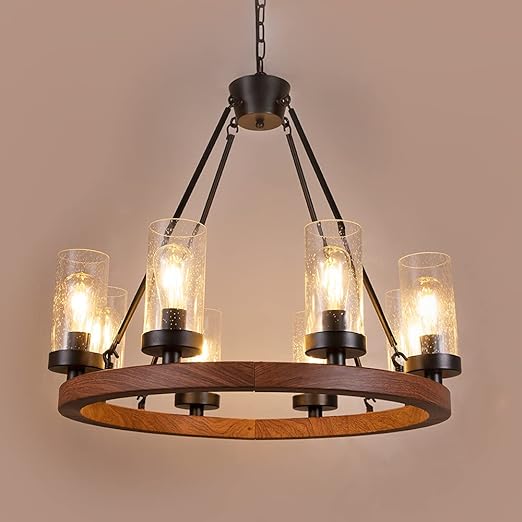 8-Light Farmhouse Chandeliers for Dining Room, 30 inch Rustic Wagon Wheel Chandelier with Seeded Glass Shade, Antique Vintage Round Wood-Painted Hanging Lighting Kitchen Island Living Room