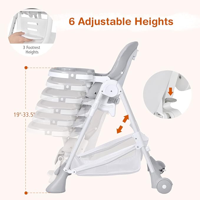 Foldable Highchair for Babies and Toddlers, Detachable Trays & PU Leather Seat Cushion