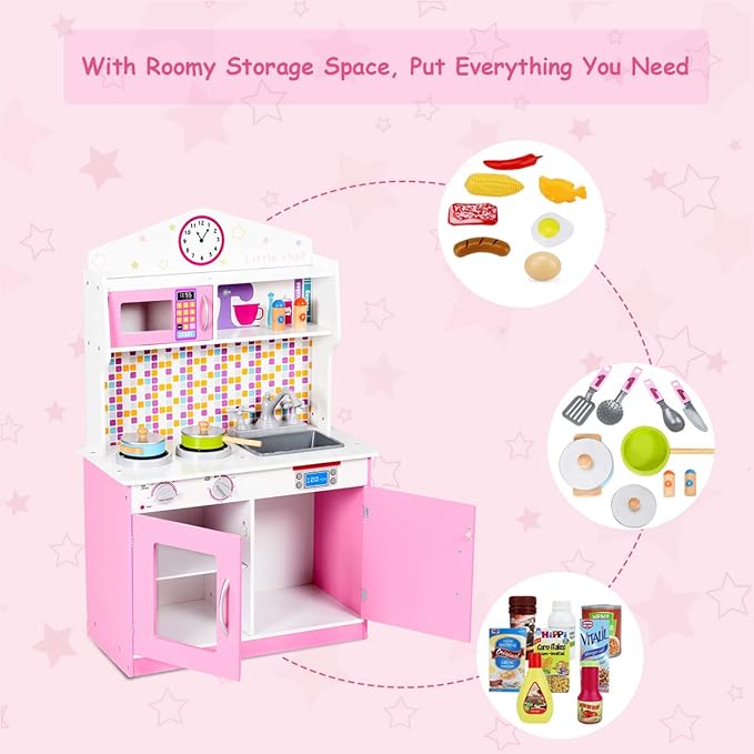 Pink Kids Kitchen Playset, Pretend Play Kitchen for Toddlers