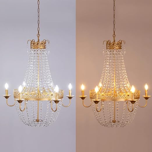 French Empire Crystal Chandelier Modern Adjustable Hanging Pendant Ceiling Mount Light Fixture for Hallway Dining Living Room Bedroom Foyer, H 38.2" x W 31.5", Gold, 6-Light, E12 Base