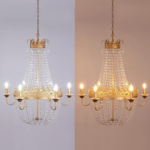 French Empire Crystal Chandelier Modern Adjustable Hanging Pendant Ceiling Mount Light Fixture for Hallway Dining Living Room Bedroom Foyer, H 38.2" x W 31.5", Gold, 6-Light, E12 Base