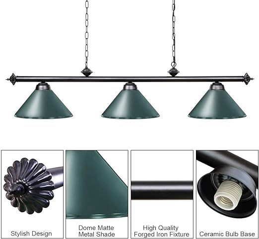 Pool Table Light, 59” Hanging Billiard Lights, Adjustable Kitchen Island Lighting Fixture for Billiard Bar Table, Green
