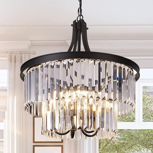 Crystal Chandelier, Modern 5 Light Foyer Chandeliers, Hanging Black Pendant Lights with Prism Crystal Shades, Farmhouse Ceiling Lighting Fixture for Kitchen Island, Dining Living Room, Bedroom