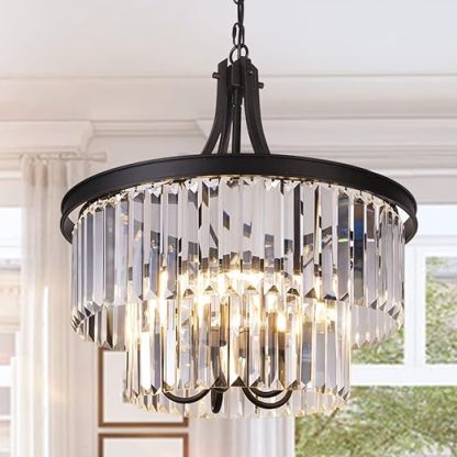 Crystal Chandelier, Modern 5 Light Foyer Chandeliers, Hanging Black Pendant Lights with Prism Crystal Shades, Farmhouse Ceiling Lighting Fixture for Kitchen Island, Dining Living Room, Bedroom