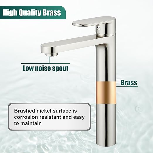 Brushed Nickel Vessel Sink Bathroom Tall Faucet One Hole Single Handle Basin Mixer Tap Lavatory Vanity Brass Pop Up Drain Included Deck Mount Modern Tall Bathroom Faucet