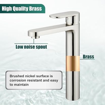 Brushed Nickel Vessel Sink Bathroom Tall Faucet One Hole Single Handle Basin Mixer Tap Lavatory Vanity Brass Pop Up Drain Included Deck Mount Modern Tall Bathroom Faucet