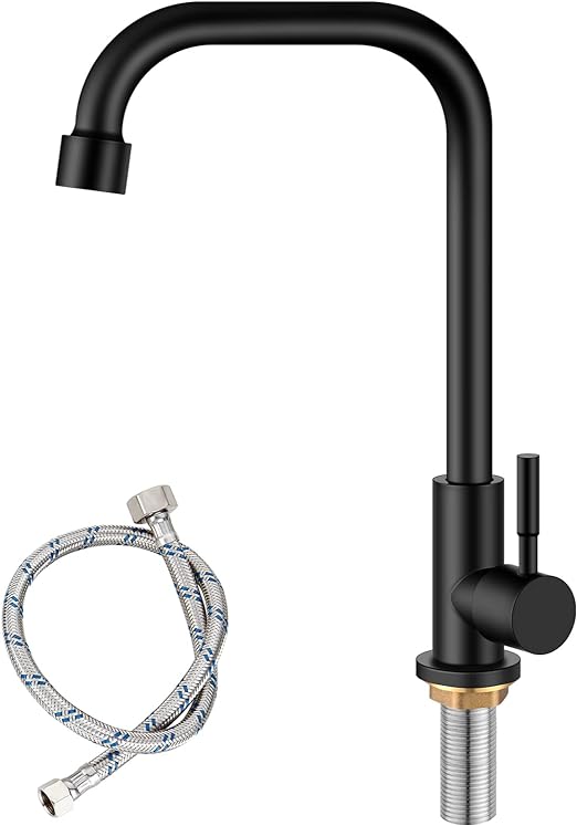 Matte Black Faucet Cold Water OnlySingle Lever Handle SUS304 Sink Bar Tap 360 Degree Swivel Spout Decked Mounted Longer Thread Pipe