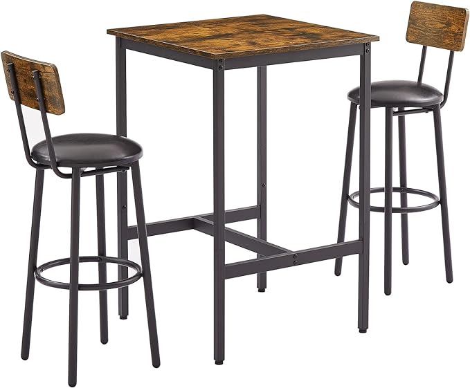 Bar Table and Chairs Set for 2, 3-Piece Small Square Pub Bistro Table and Upholstered Stools with Backrest