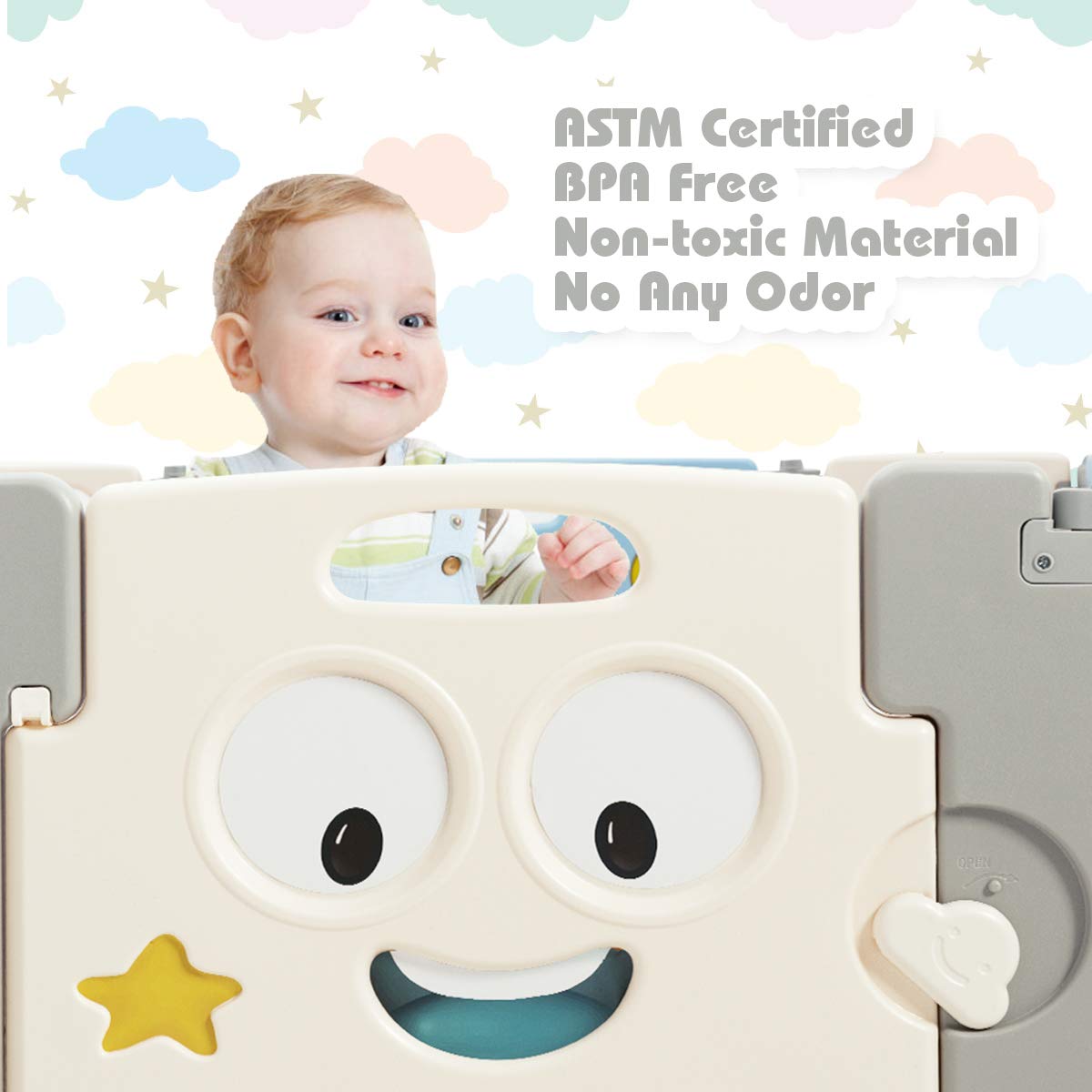 14 Panel Foldable Baby Playpen, Anti-Slip Base & Lockable Safety Gate