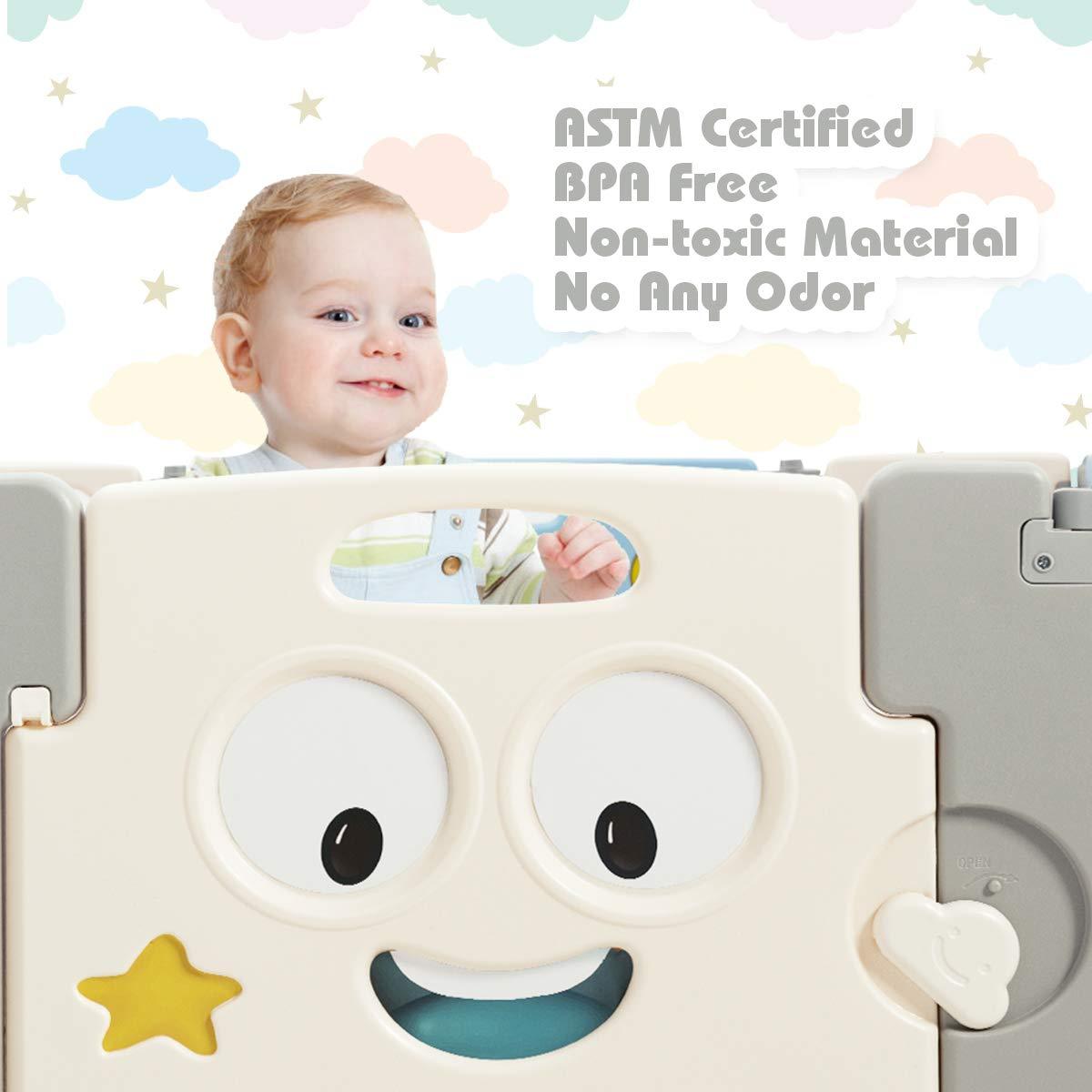 14 Panel Foldable Baby Playpen, Anti-Slip Base & Lockable Safety Gate