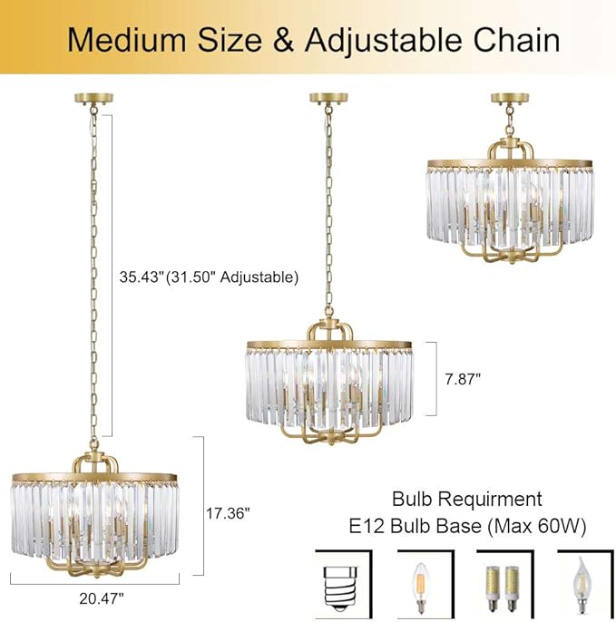 Gold Crystal Chandelier, 6 Lights Modern Gold Drum Chandelier Light Hanging Round Light Fixture for Dining Room, Living Room, Bedroom, Entryway, Kitchen, Foyer, 20'' W