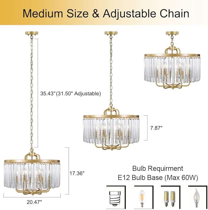 Gold Crystal Chandelier, 6 Lights Modern Gold Drum Chandelier Light Hanging Round Light Fixture for Dining Room, Living Room, Bedroom, Entryway, Kitchen, Foyer, 20'' W