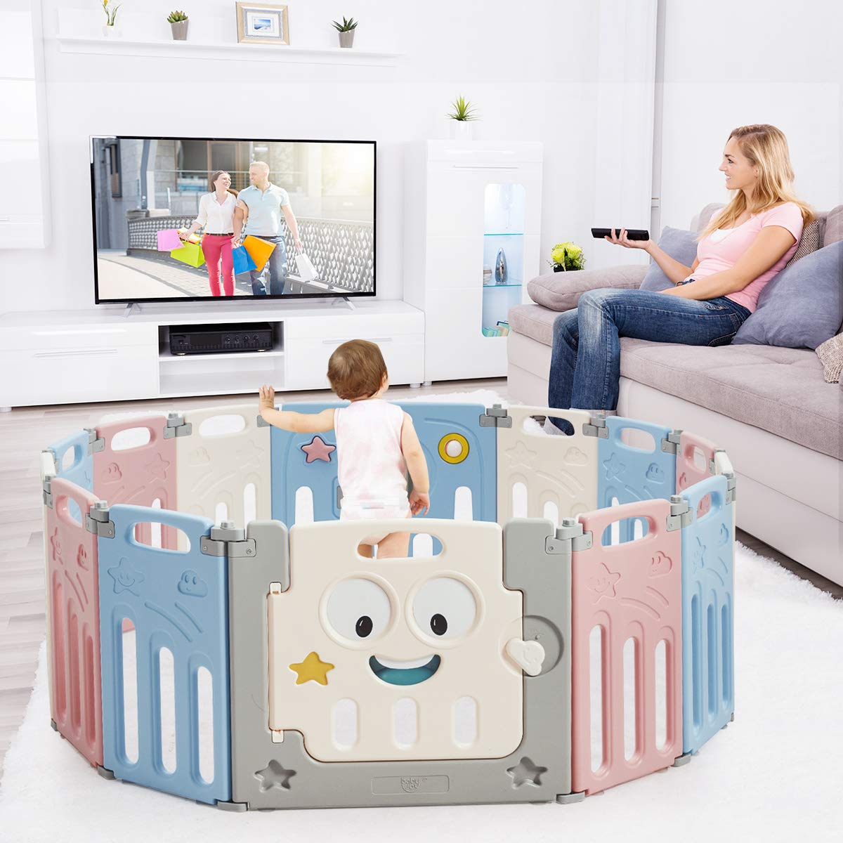 14 Panel Foldable Baby Playpen, Anti-Slip Base & Lockable Safety Gate