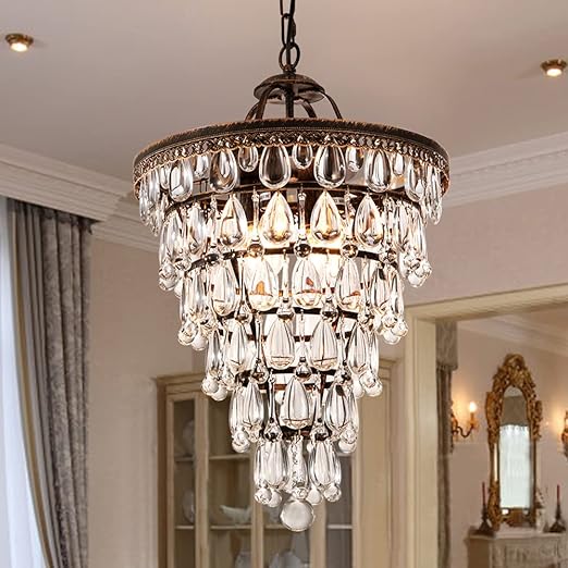 14 Inch Crystal Chandelier,Farmhouse Bronze Bathroom Chandeliers,4-Light Foyer Lighting Hanging Pendant Light Fixture for Bedroom Entryway Living Kids Room Corridor Closet