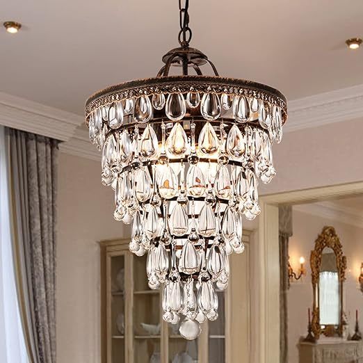 14 Inch Crystal Chandelier,Farmhouse Bronze Bathroom Chandeliers,4-Light Foyer Lighting Hanging Pendant Light Fixture for Bedroom Entryway Living Kids Room Corridor Closet
