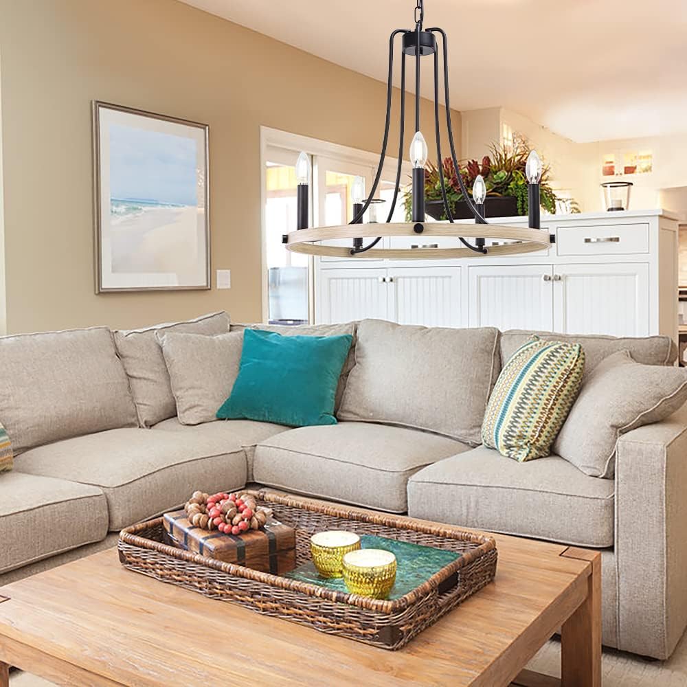 Rustic Foyer Chandeliers, 5 Lights Modern Farmhouse Candle Wagon Wheel Chandelier, 23.6" Round Hanging Ceiling Pendant Lighting