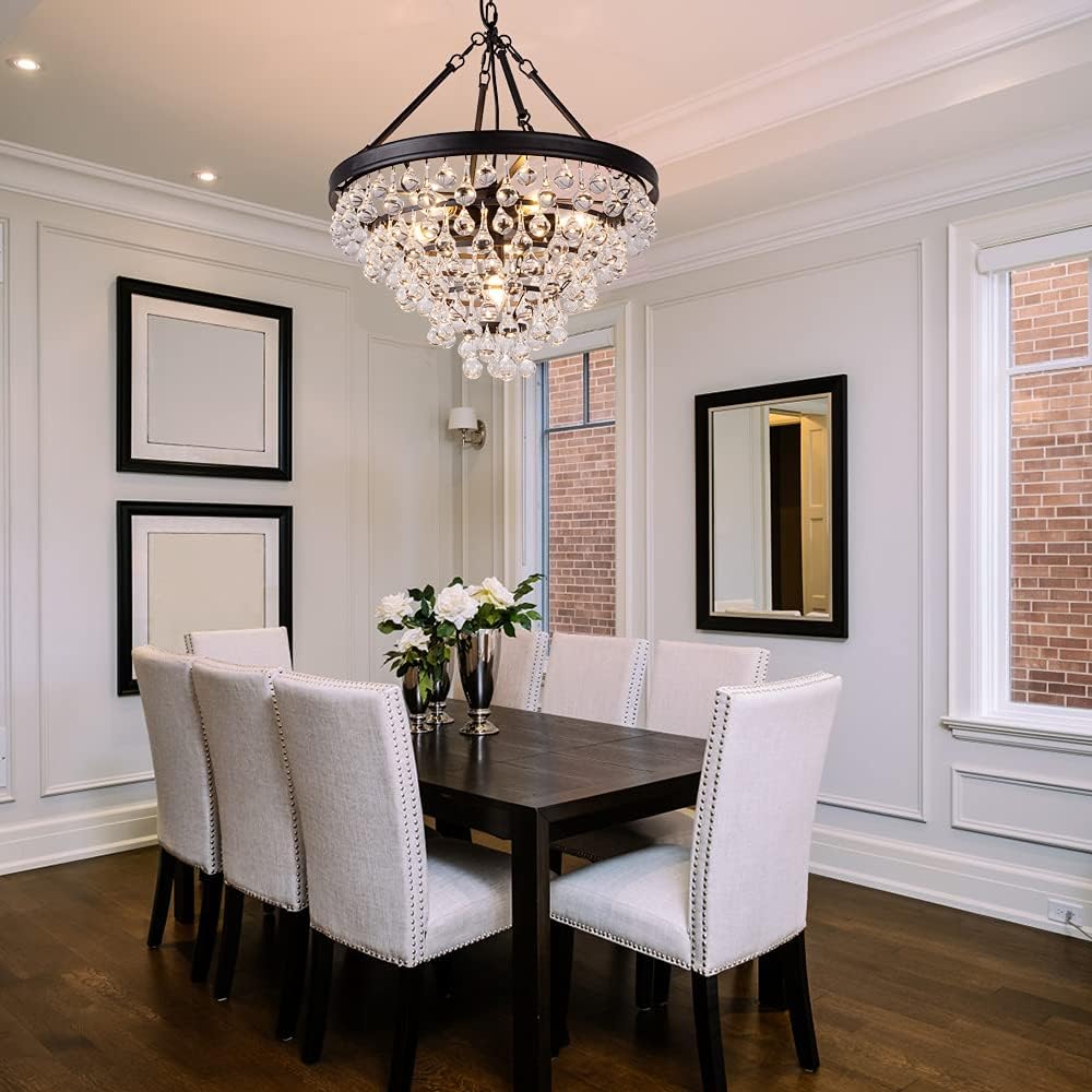 Modern Crystal Chandeliers, 6 Lights Black Chandeliers for Dining Room, Farmhouse Ceiling Light Fixture for Foyer, Bedroom, Living Room, Entryway, Kitchen Island, 20”Dia