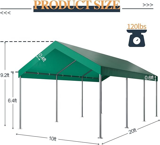 10x20ft Heavy Duty Carport with UV Resistant Canopy, Powder-Coated Steel Frame