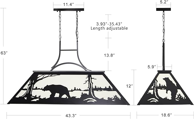 Tiffany Pool Table Light 3 Lights, Rustic Bear Chandelier for Kitchen Island, Cabin, Billiards Table Lamp