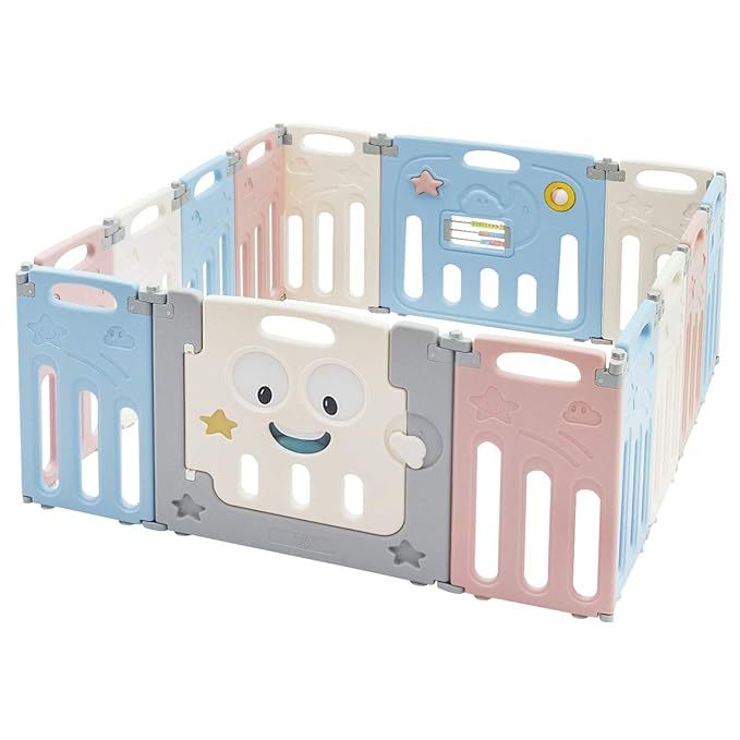 14 Panel Foldable Baby Playpen, Anti-Slip Base & Lockable Safety Gate