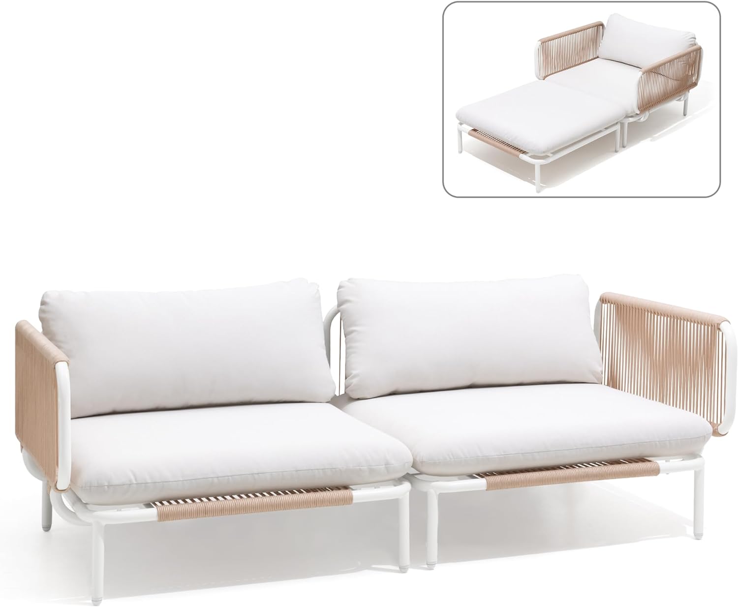 Patio Furniture Set, Outdoor Patio Furniture Oversized Metal Patio Sectional Sofa, 2-Seat Conversation Set with Cushion for Indoor and Outdoor, White Frame & Meige Mat