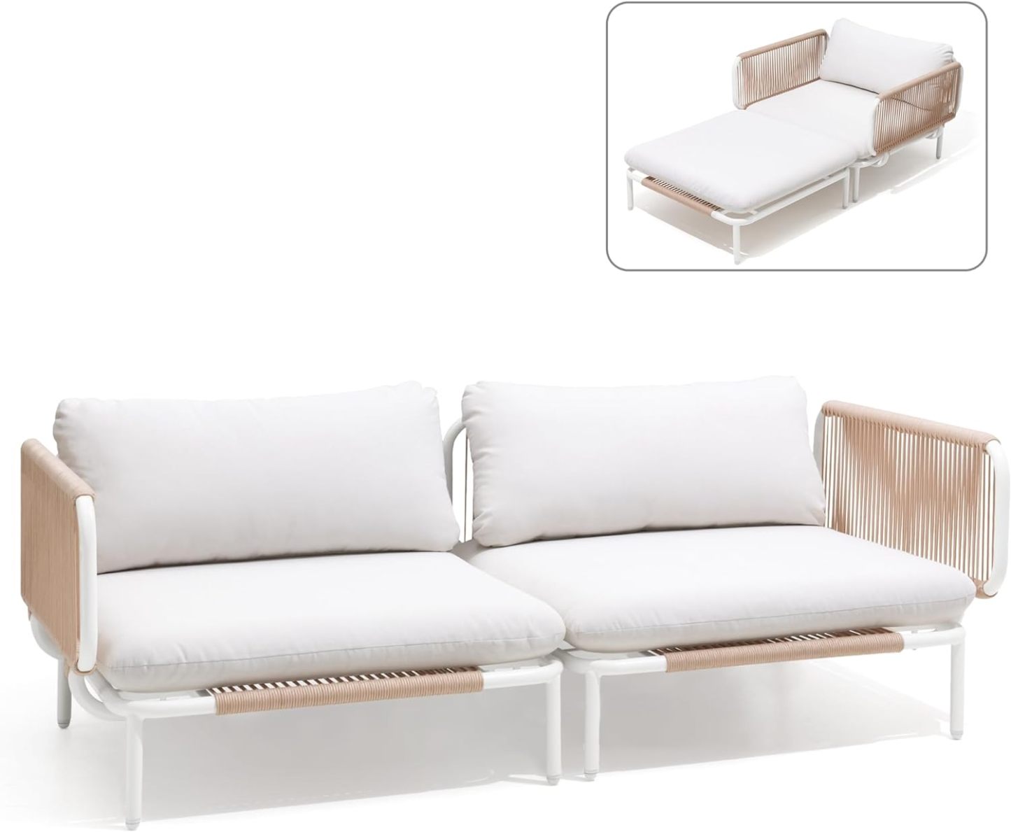 Patio Furniture Set, Outdoor Patio Furniture Oversized Metal Patio Sectional Sofa, 2-Seat Conversation Set with Cushion for Indoor and Outdoor, White Frame & Meige Mat