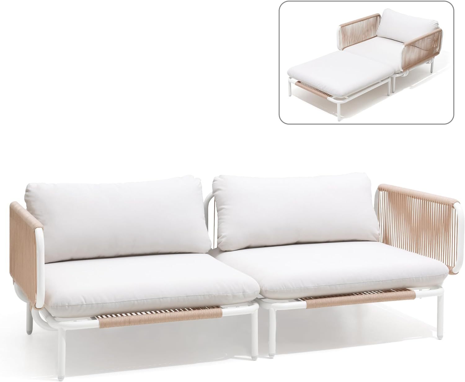 Patio Furniture Set, Outdoor Patio Furniture Oversized Metal Patio Sectional Sofa, 2-Seat Conversation Set with Cushion for Indoor and Outdoor, White Frame & Meige Mat