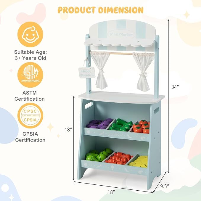 Pretend Play Wooden Toddler Fruit Stand w/36 Cutting Food Vegetable Accessories