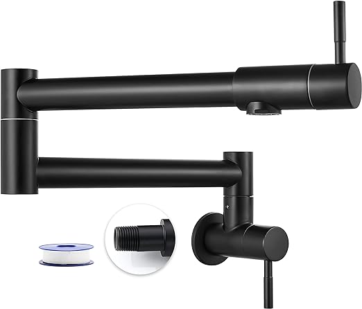 Matte Black Pot Filler 19 Inch Wall Mount Folding Stretchable Kitchen Restaurant Faucet Stainless Steel Pot Filler with Double Joint Swing Arm Single Hole Two Handles Commercial NPT